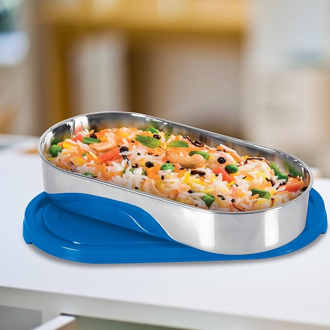MILTON Steel Slider Stainless Steel Container, 675 ml, Blue | Tiffin | Refrigerator Free| Food Grade - Image 1