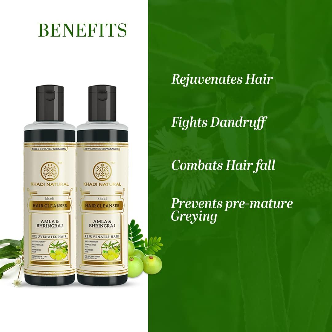 Khadi Natural Amla & Bhringraj Hair Shampoo | Hair Cleanser with Natural Ingredients | Anti-Dandruff Shampoo | Anti-Hair Fall Shampoo | Shampoo for Nourishing Hair| Suitable for All Hair Types, 210 ml (Pack of 2) - Image 2