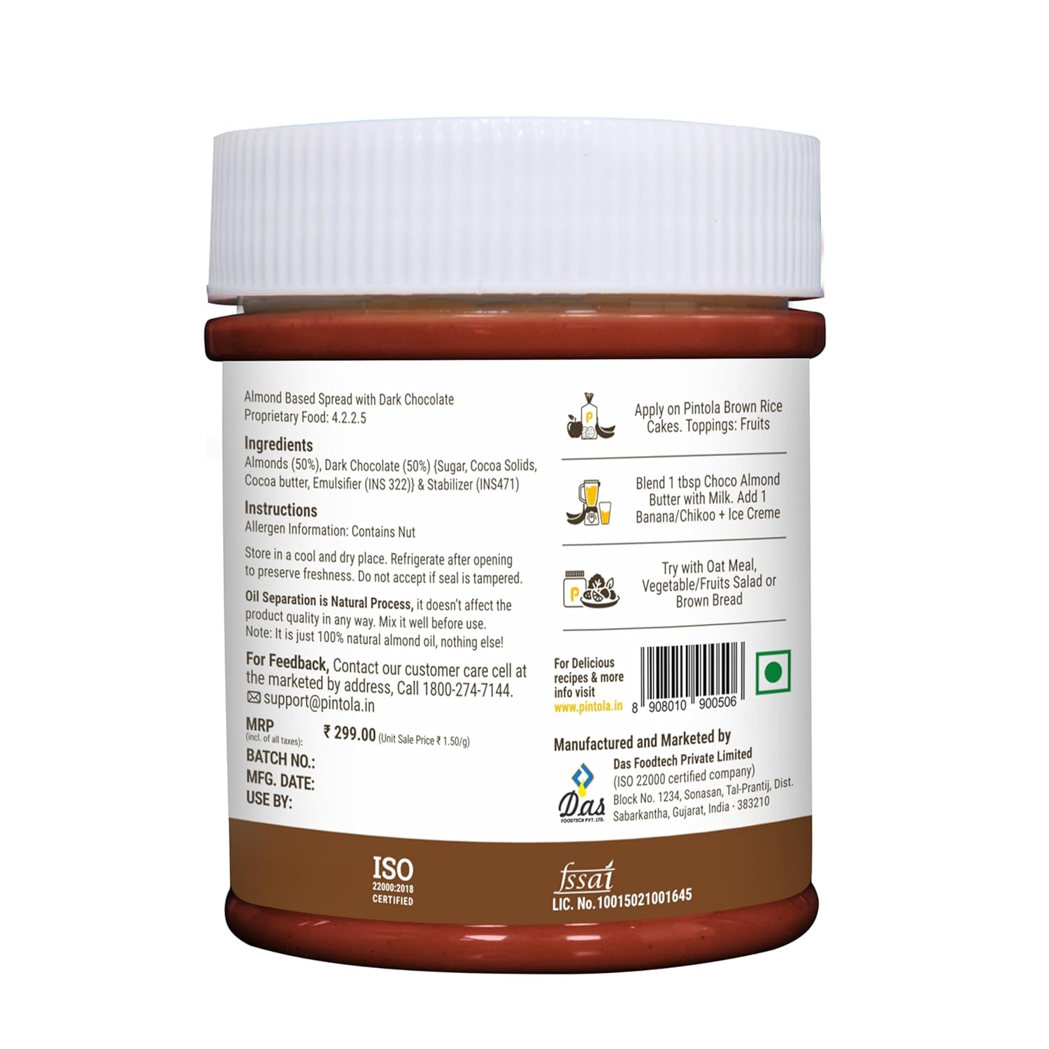 Pintola Almond Choco Spread Crunchy 200g | High Protein & fiber | Gluten & cholesterol free | Crispy | Rich in vitamins & anti-oxidants | Made...