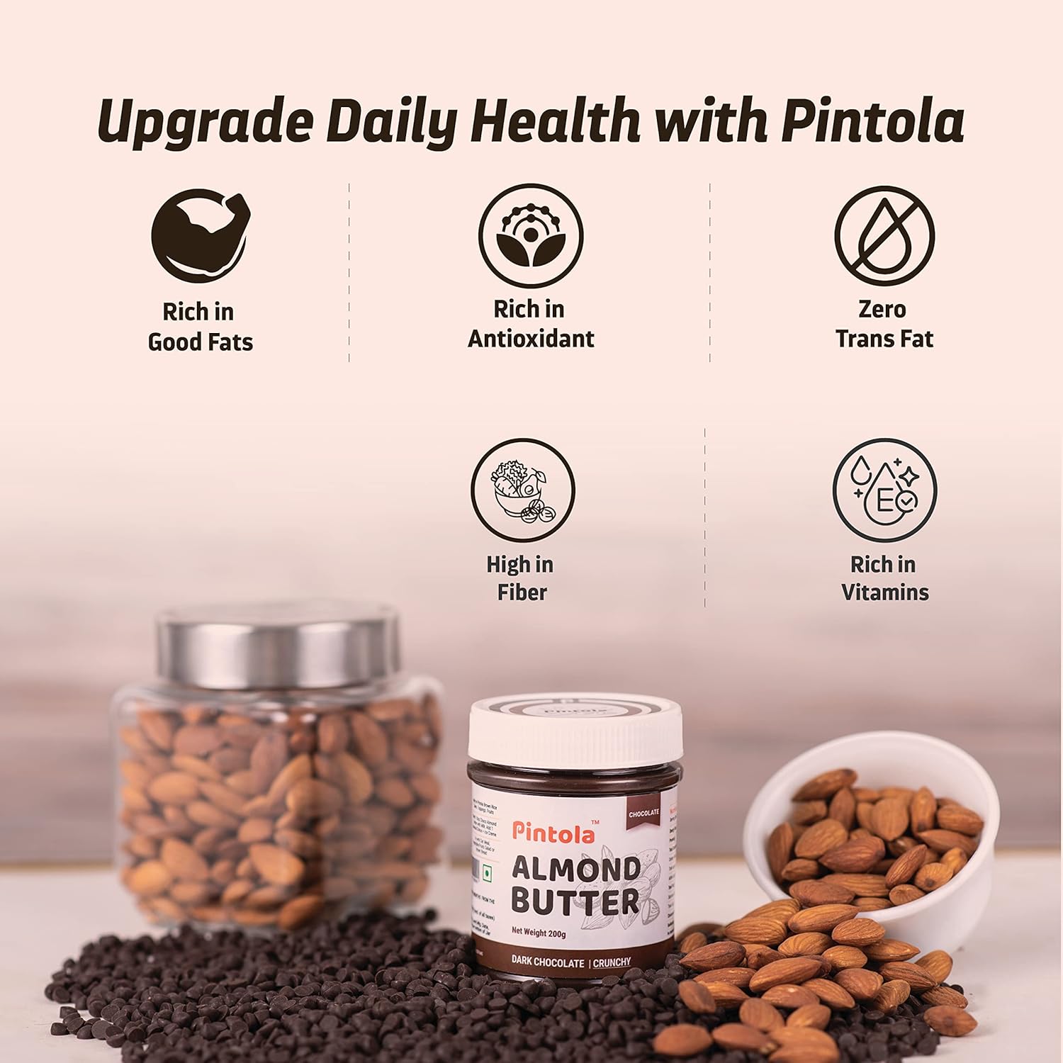 Pintola Almond Choco Spread Crunchy 200g | High Protein & fiber | Gluten & cholesterol free | Crispy | Rich in vitamins & anti-oxidants | Made...