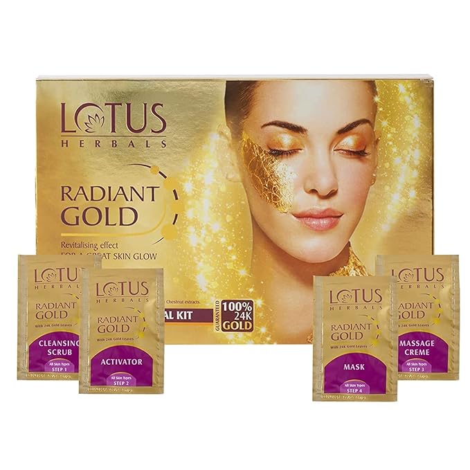  Lotus Herbal Radiant Gold Facial Kit with 24K Pure Gold and Papaya, 37g, 4 Easy Steps - Image 1