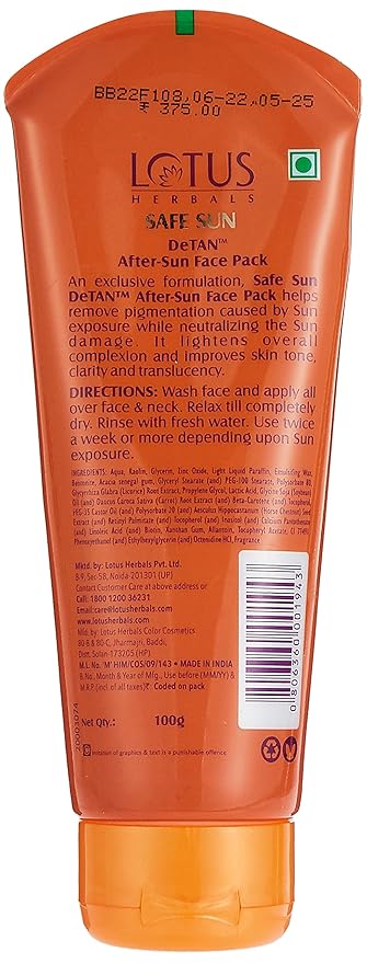 Lotus Safe Sun DeTan After-Sun Face Pack| Horse chestnut extracts| reduces Sun Tan, Brightens Skin| All skin types| 100g - Image 2