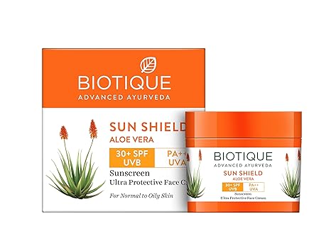 Biotique Sun Shield Aloe vera 30+ SPF UVB Sunscreen Ultra Protectective Face Cream, 50g - Image 1