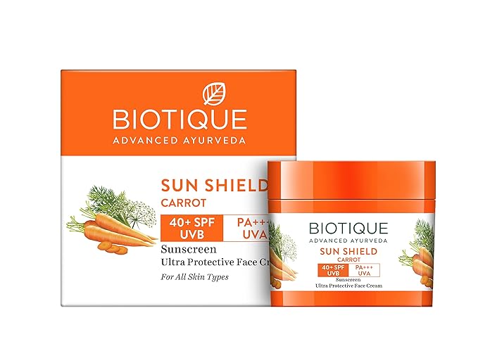Biotique Sun Shield Carrot 40+ SPF UVA/UVB Sunscreen All Skin Ultra Protective Face Cream, 50g - Image 1