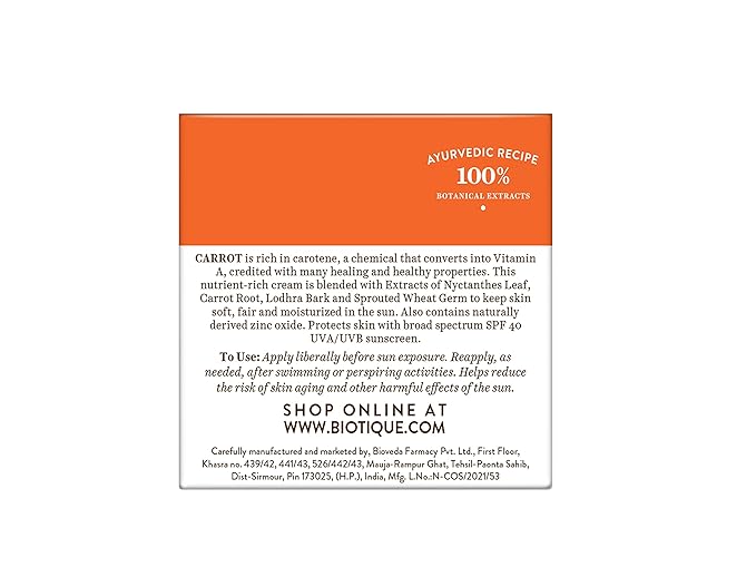 Biotique Sun Shield Carrot 40+ SPF UVA/UVB Sunscreen All Skin Ultra Protective Face Cream, 50g - Image 2