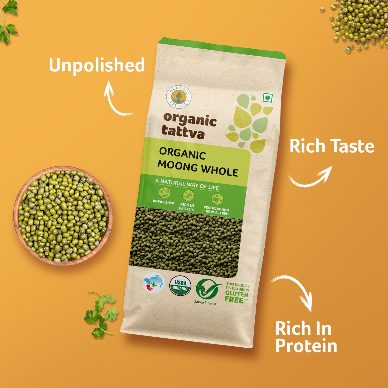 Organic Tattva Mung Beans, Green Gram Whole, 500g USDA Organic Certified