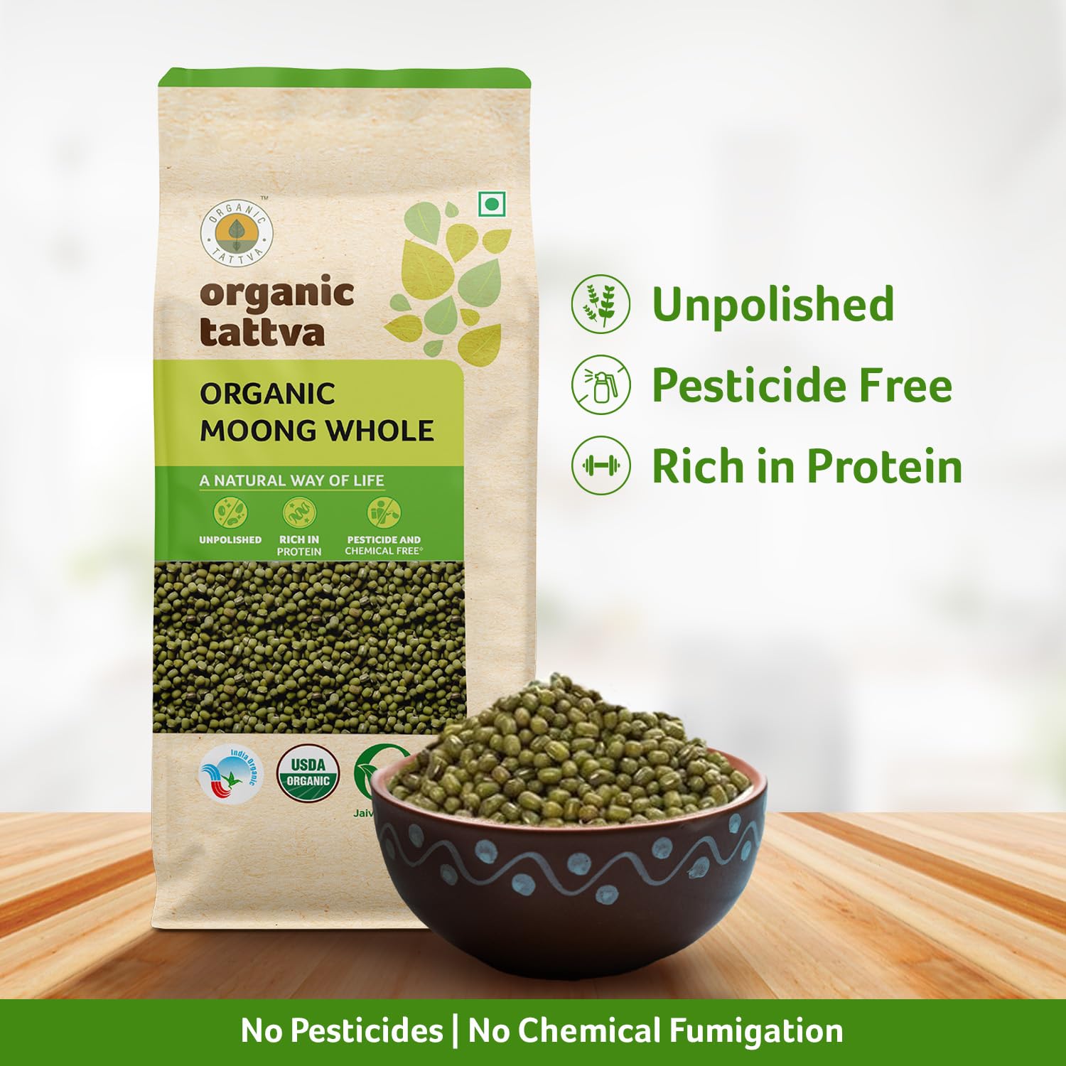 Organic Tattva Mung Beans, Green Gram Whole, 500g USDA Organic Certified